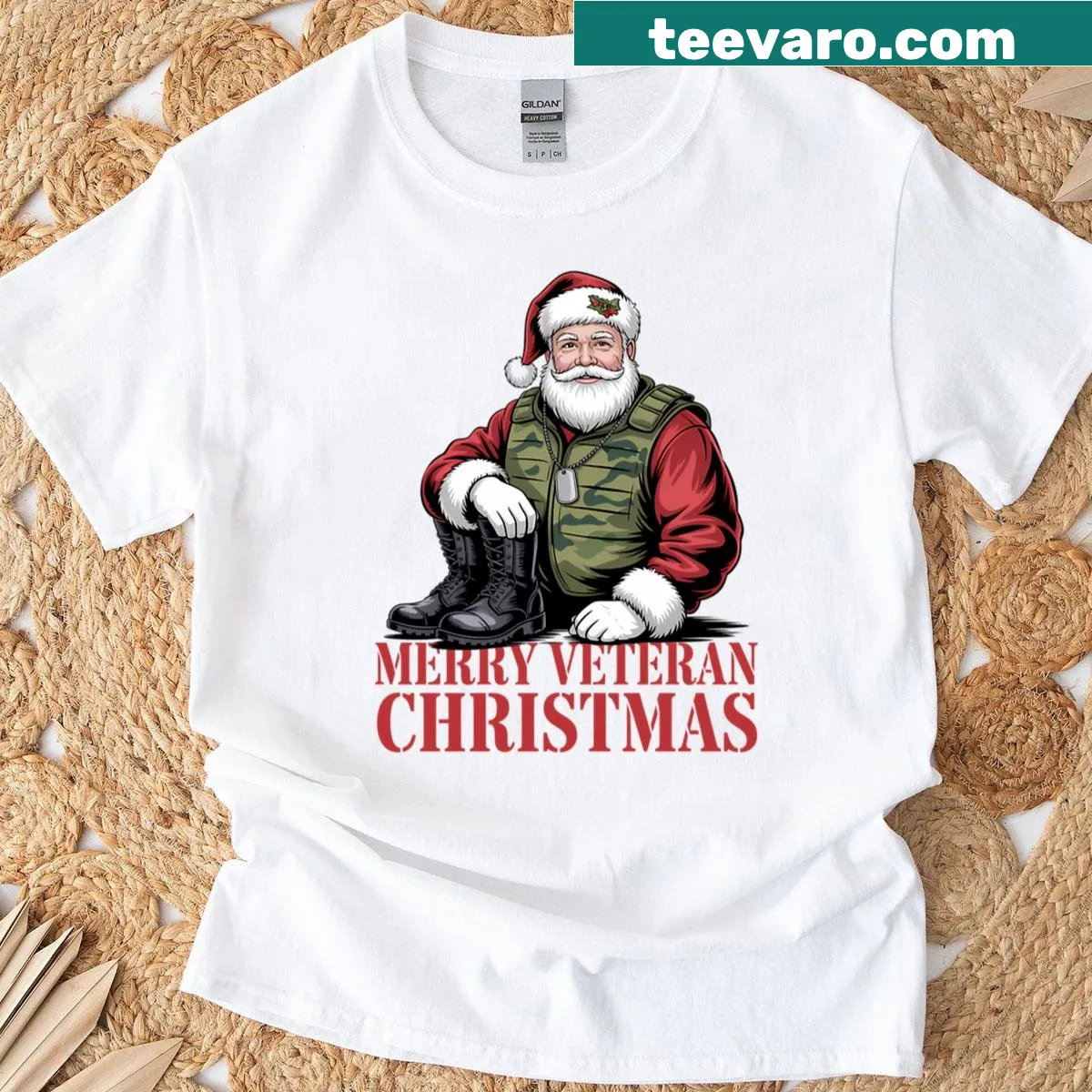 Santa in camo boots with text 'Thank You For Your Service' — on a men's t-shirt