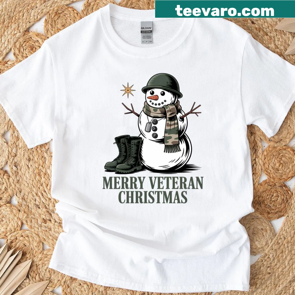 Snowman in camo boots for Christmas, honoring veterans. — on a men's t-shirt