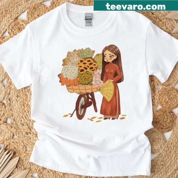 Illustration of a Vietnamese girl on a bicycle with autumn flowers