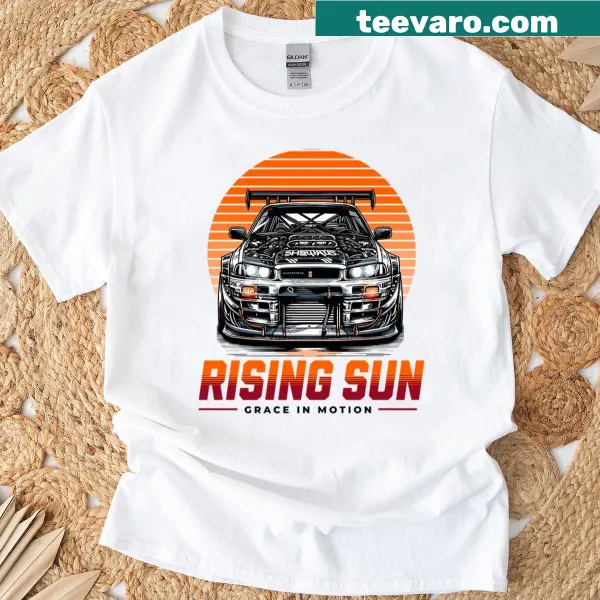 Vintage T-shirt with a car and rising sun graphic