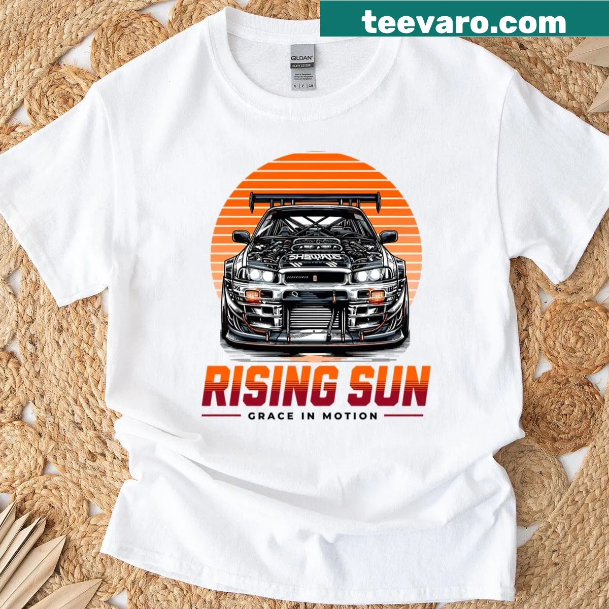 Vintage T-shirt with a car and rising sun graphic — on a men's t-shirt
