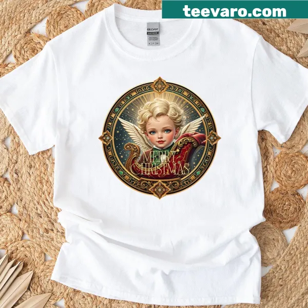 Vintage Christmas T-shirt featuring angel cherub and sleigh design