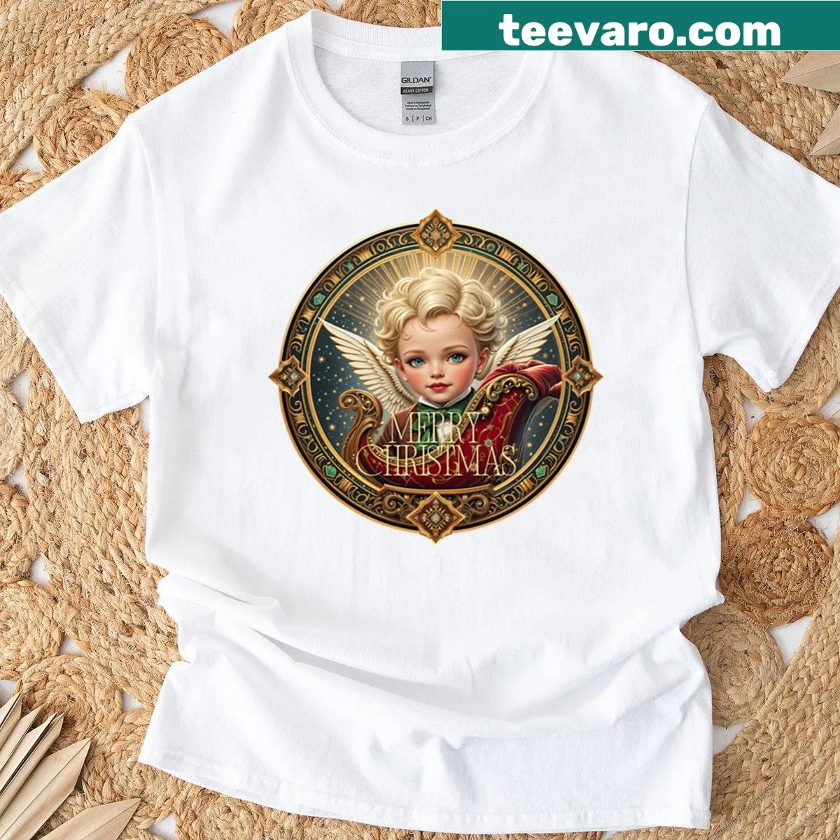 Vintage Christmas T-shirt featuring angel cherub and sleigh design — on a men's t-shirt