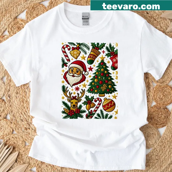 Christmas shirt with deer, Santa Claus, and holly design
