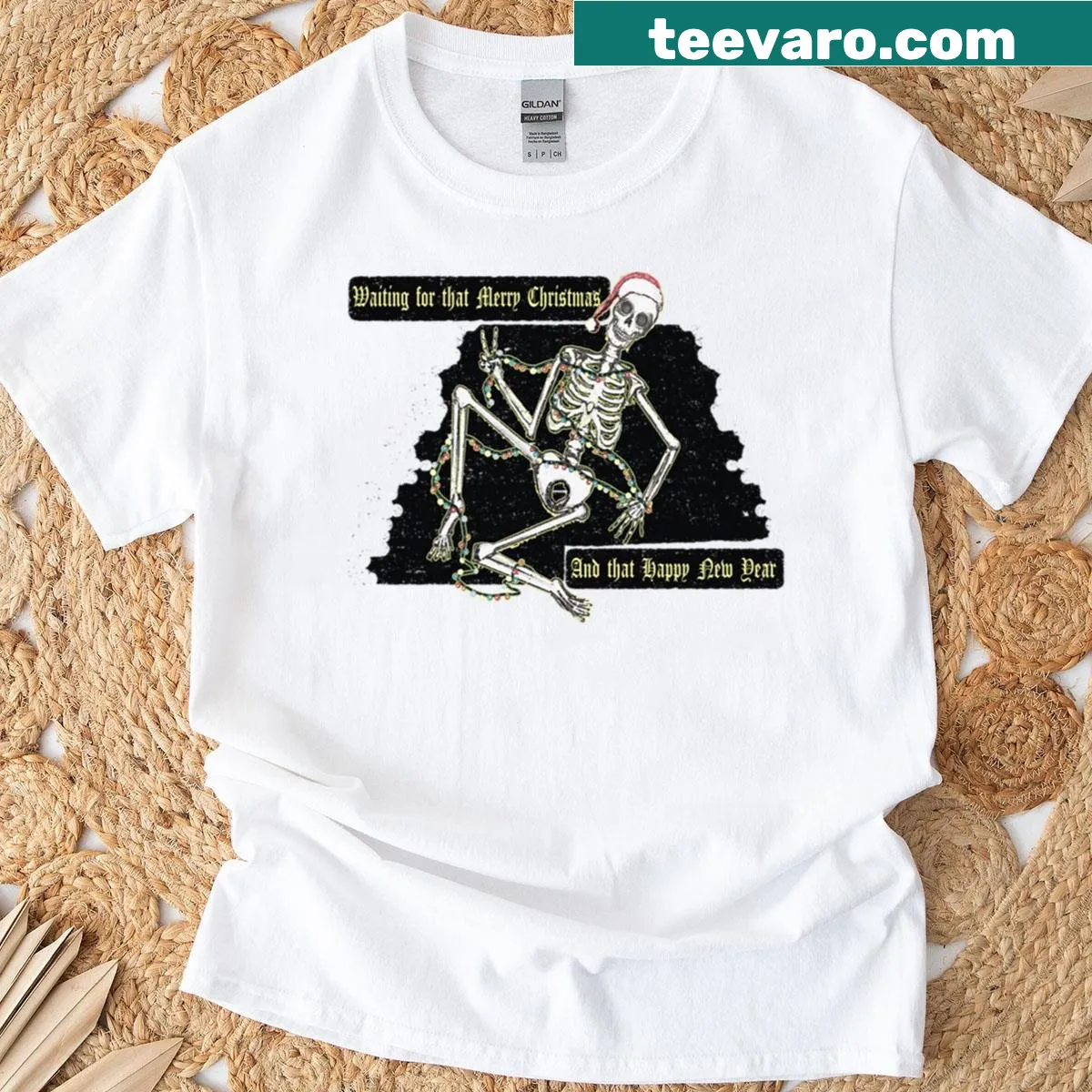 T-shirt with 'Waiting For That Merry Christmas' text in playful typography — on a men's t-shirt
