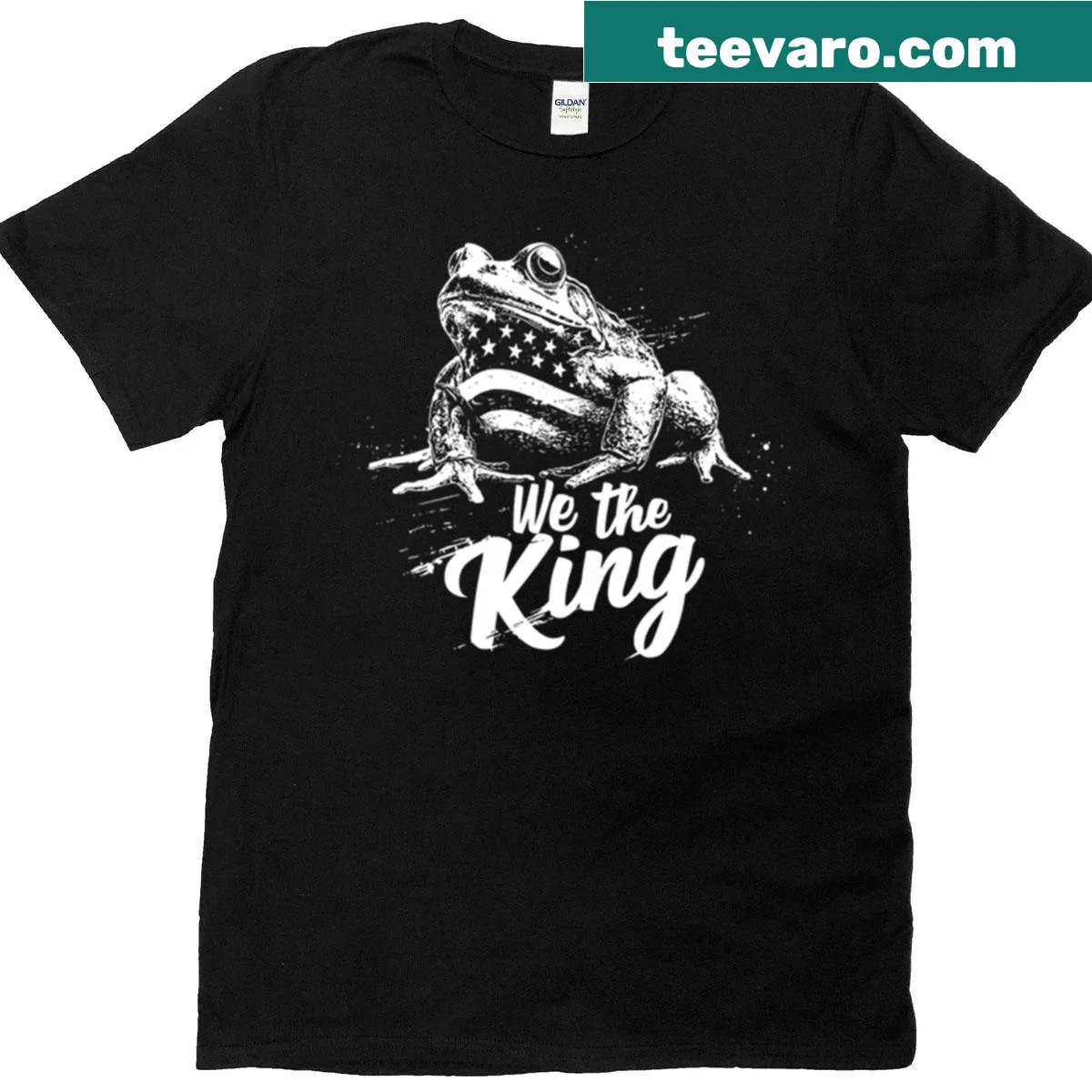 Bold stencil design of a frog with 'We The King' text. — on a men's t-shirt