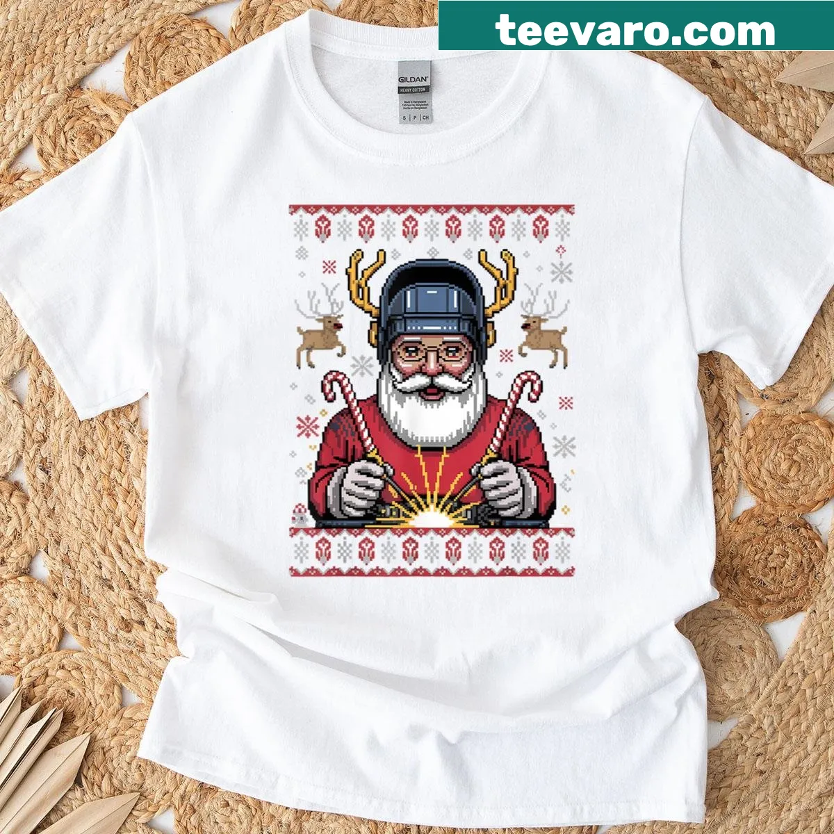 Santa in welding helmet pulling a sleigh on a T-shirt — on a men's t-shirt