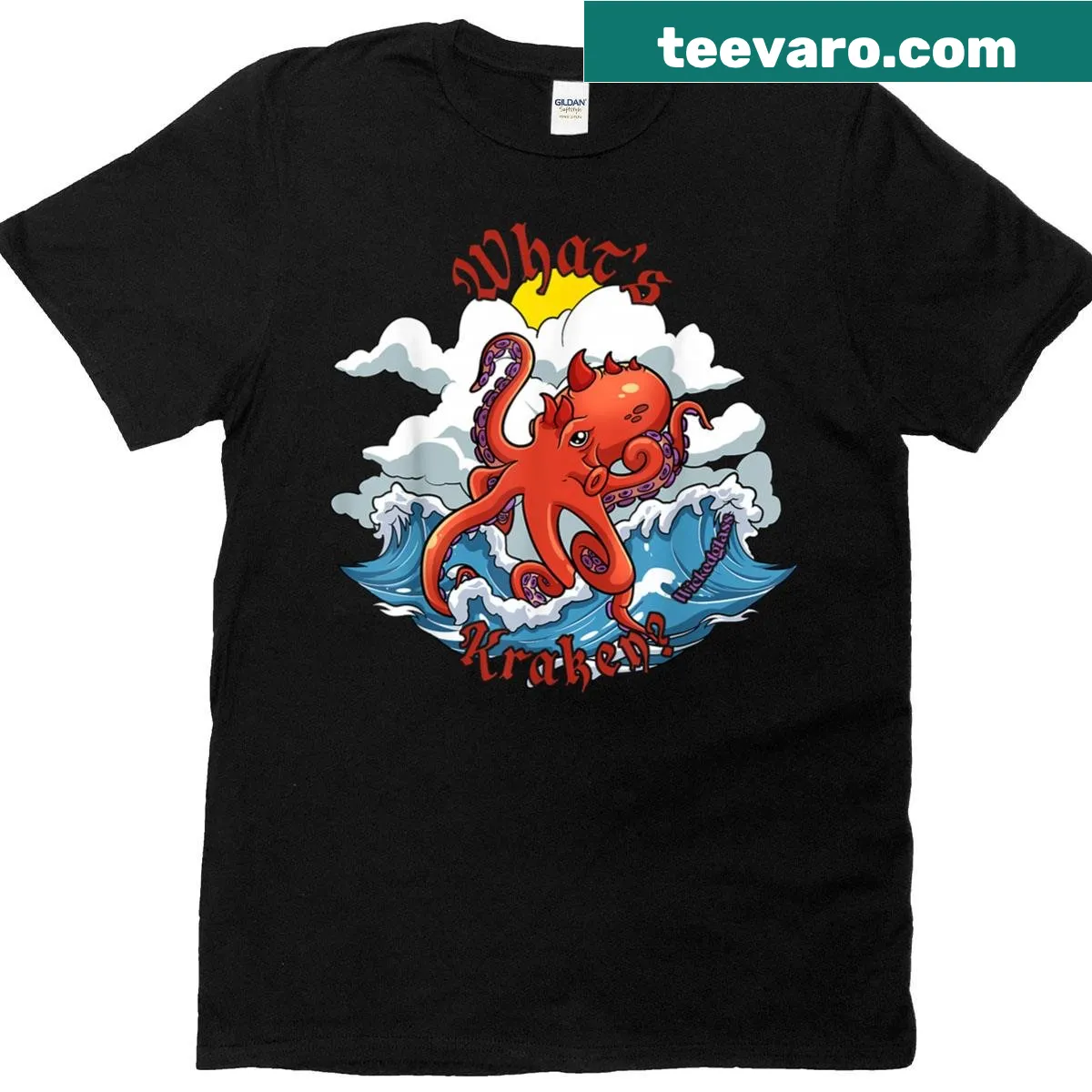 Illustration of a kraken with the text 'What's Kraken?' in a fun design — on a men's t-shirt