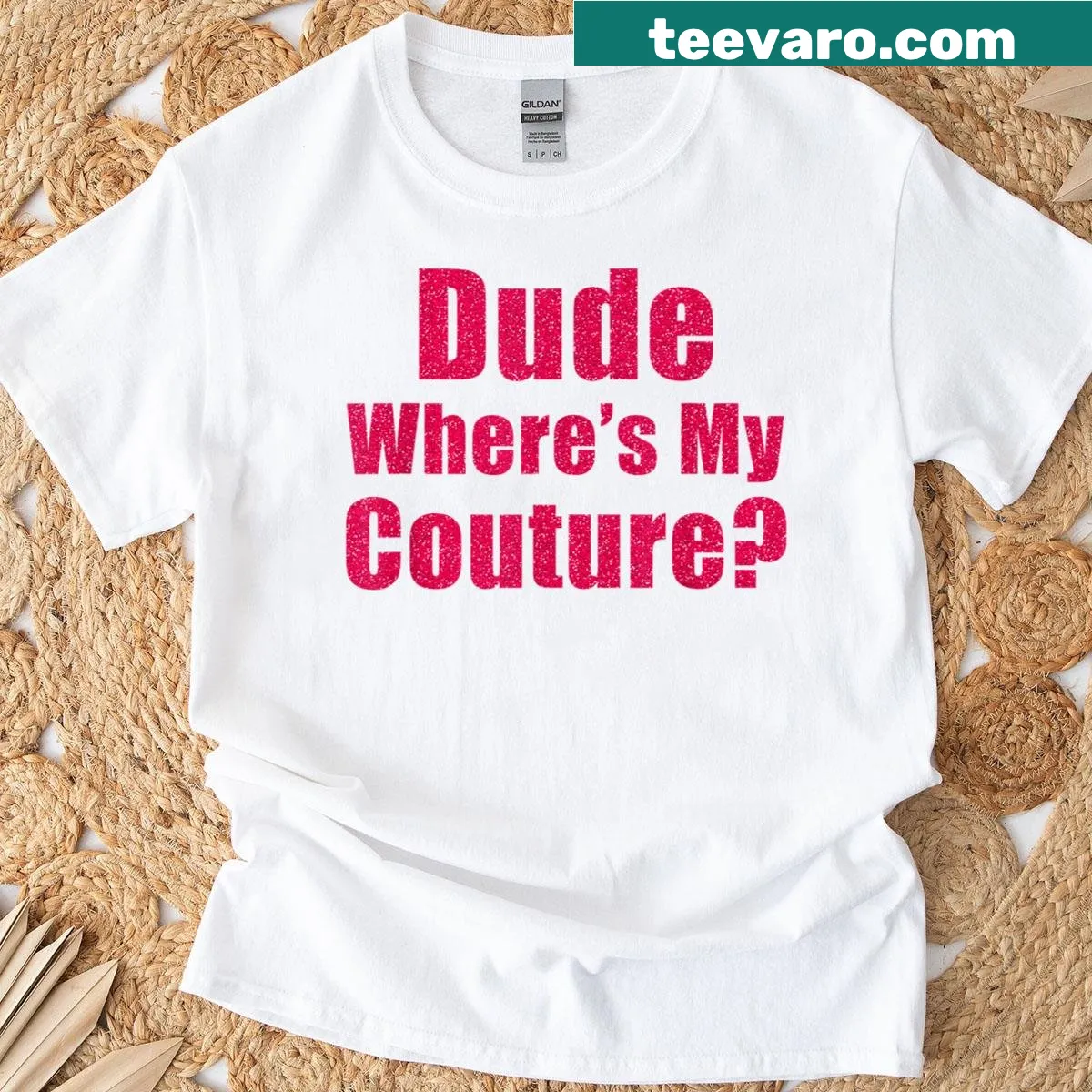 Sarcastic 'Where Is My Couture?' pink t-shirt for women — on a men's t-shirt