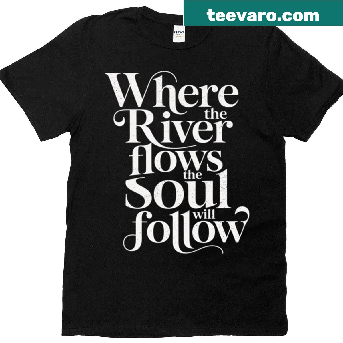 Illustrative river scene with fly fishing graphic on a t-shirt — on a men's t-shirt