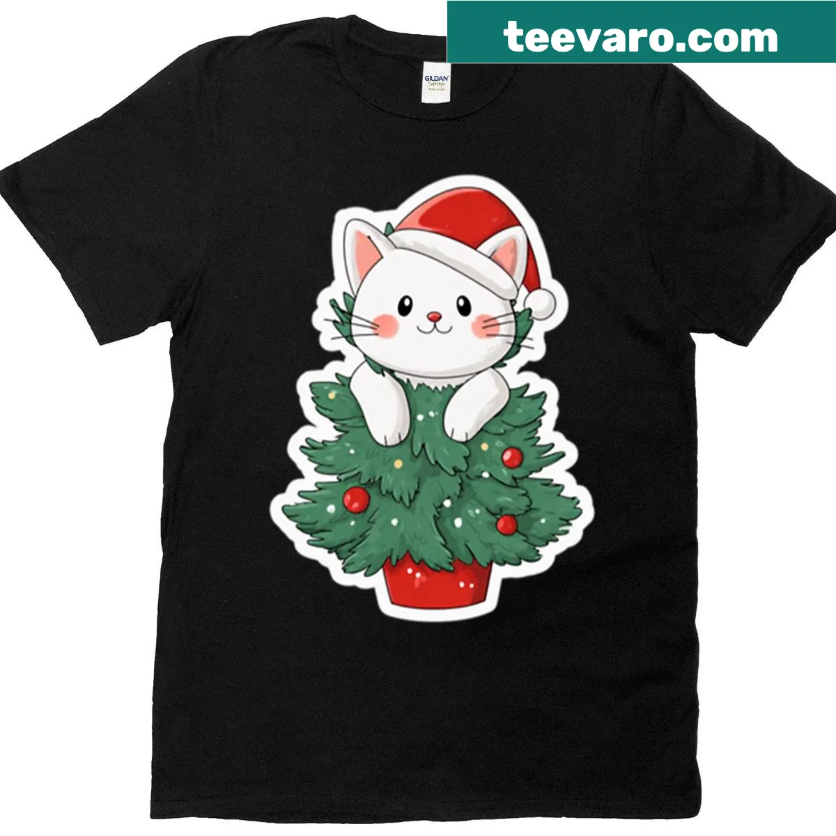 Cartoon Santa cat with Christmas tree design — on a men's t-shirt