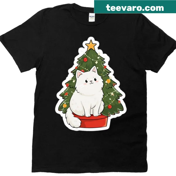 Cartoon Santa cat on a Christmas tree graphic design on a t-shirt