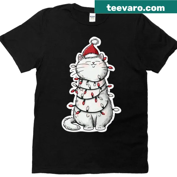 Cartoon Santa cat tangled in lights on t-shirt.