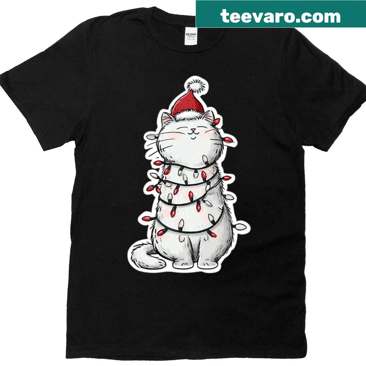 Cartoon Santa cat tangled in lights on t-shirt. — on a men's t-shirt