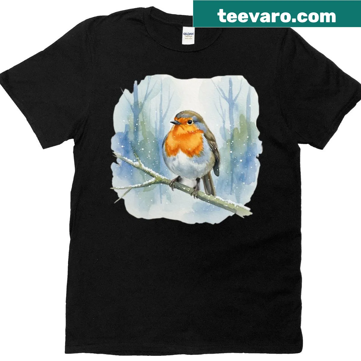 Illustration of a robin on a snowy branch on a T-shirt — on a men's t-shirt