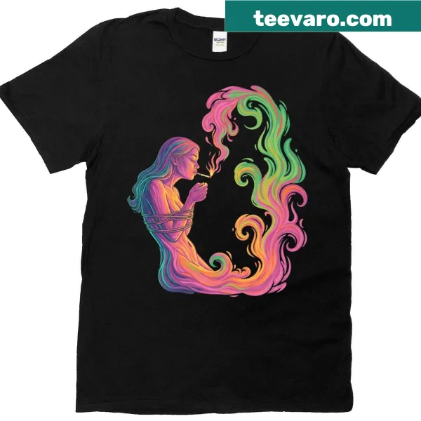 Edgy witch graphic lighting a cigarette on t-shirt