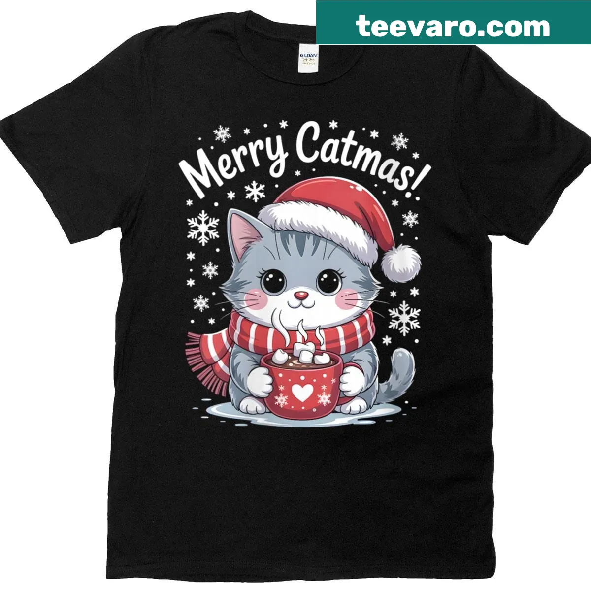 Kawaii cat in Santa hat holding hot cocoa on a t-shirt — on a men's t-shirt