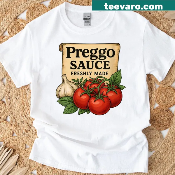 Cute pregnancy announcement t-shirt with Prego sauce graphic