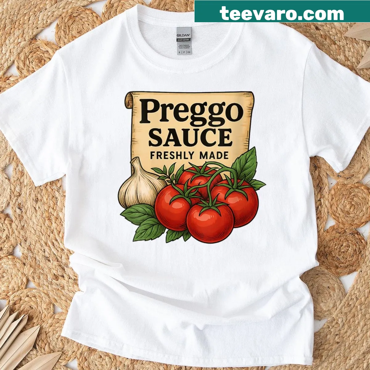 Cute pregnancy announcement t-shirt with Prego sauce graphic — on a men's t-shirt