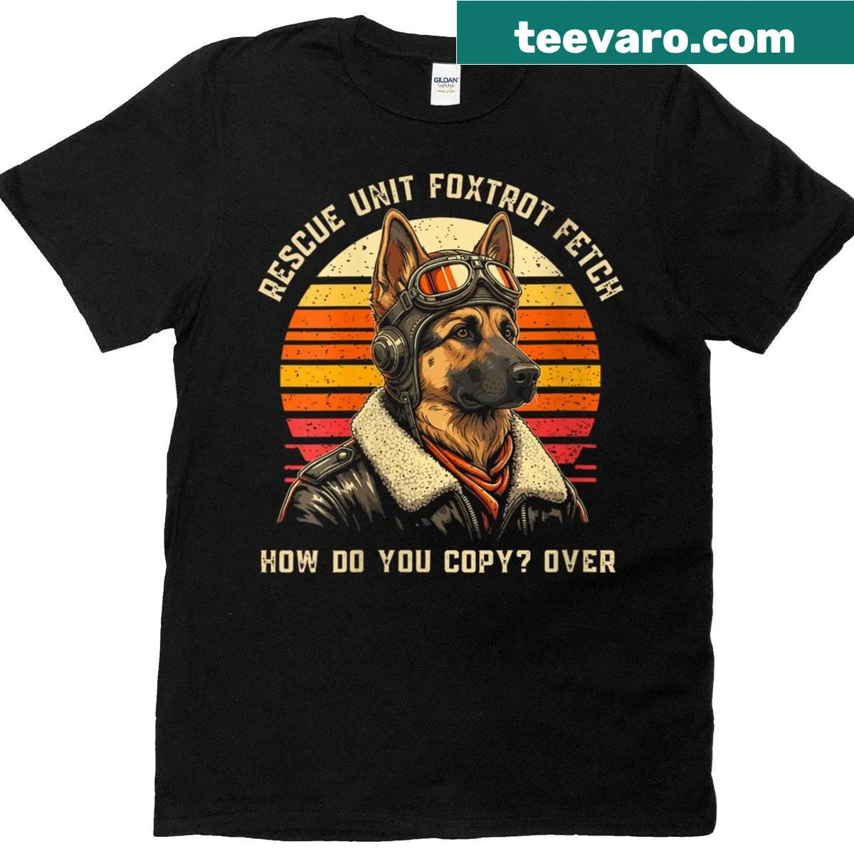 Illustration of a German Shepherd pilot with the text Foxtrot Fetch Ruff — on a men's t-shirt