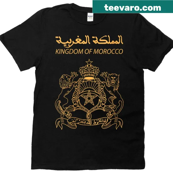 Golden emblem of Morocco flag displayed on a women's T-shirt.