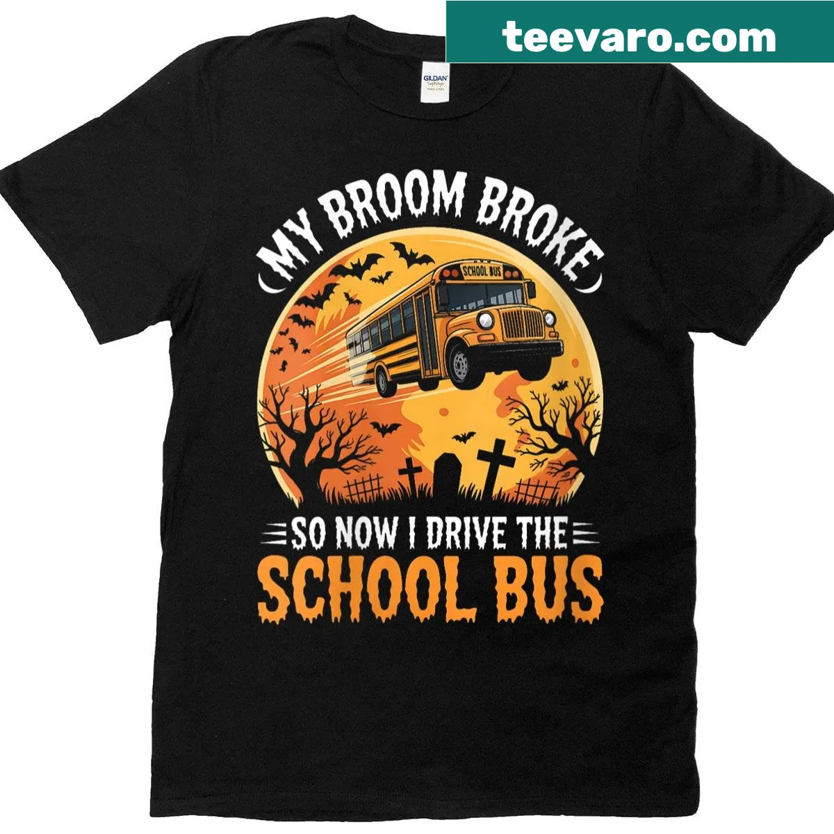 Funny Halloween T-shirt with playful broom and school bus design — on a men's t-shirt