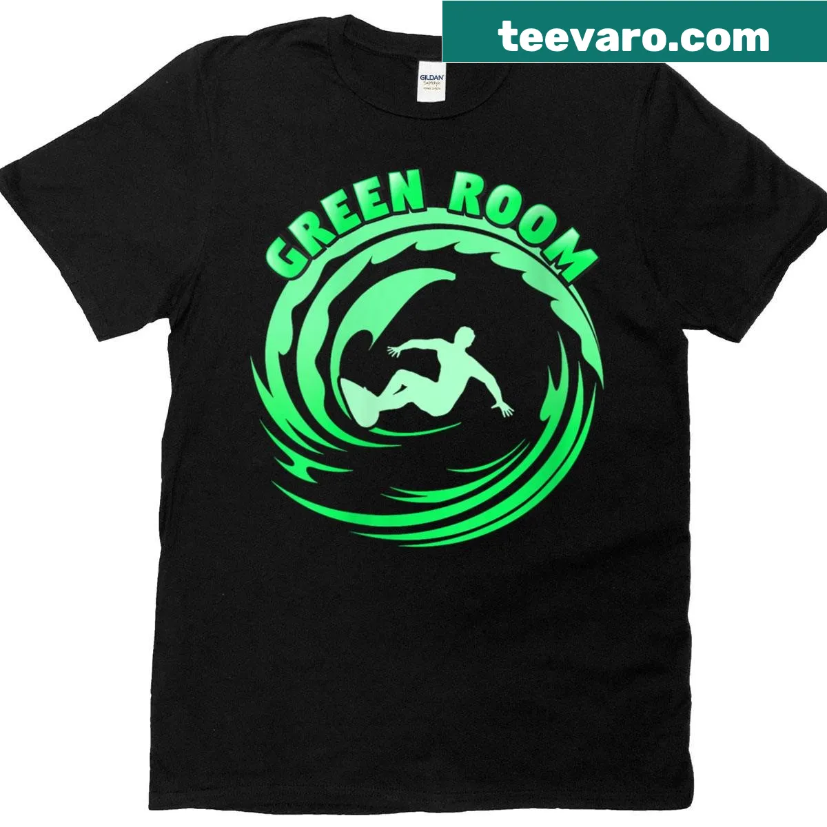 Illustrative surfing wave design T-shirt for women surfers — on a men's t-shirt