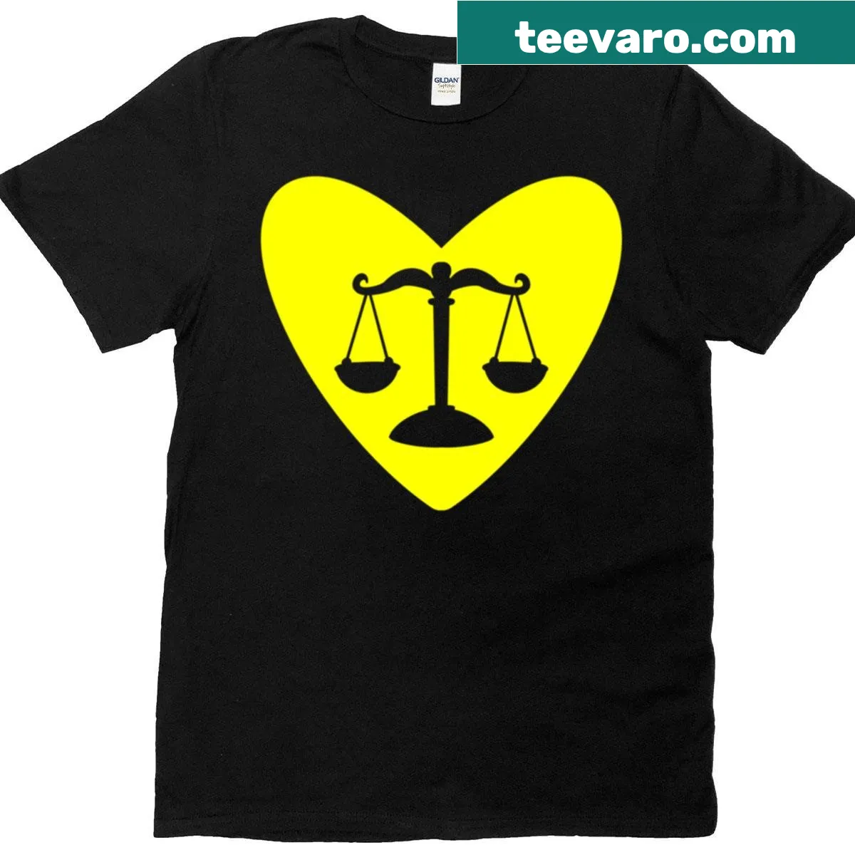 Scales of justice with yellow hearts design on a student t-shirt — on a men's t-shirt