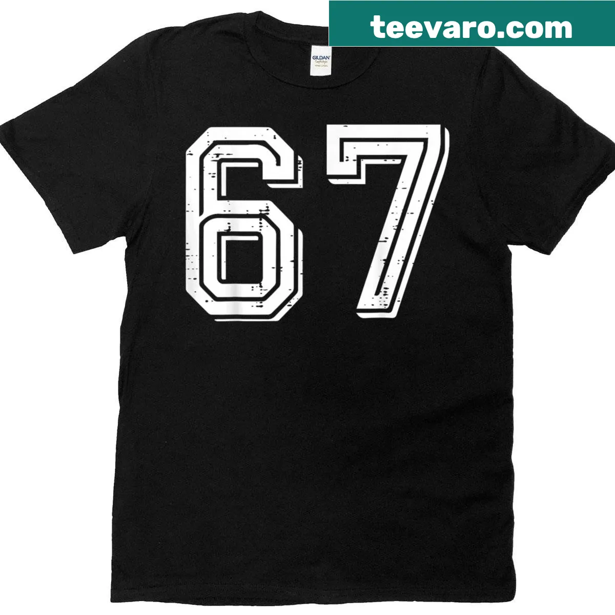 Funny T-shirt with '67 Meme' text in playful typography for kids and teens — on a men's t-shirt