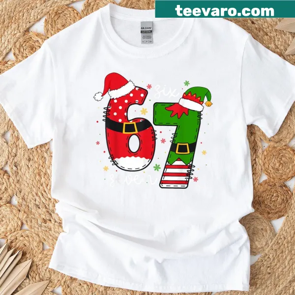 Playful meme-inspired Christmas t-shirt with the number 67