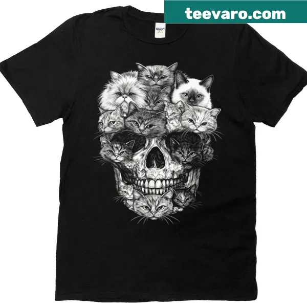 Cat skeleton design featured in a skull graphic on a T-shirt.