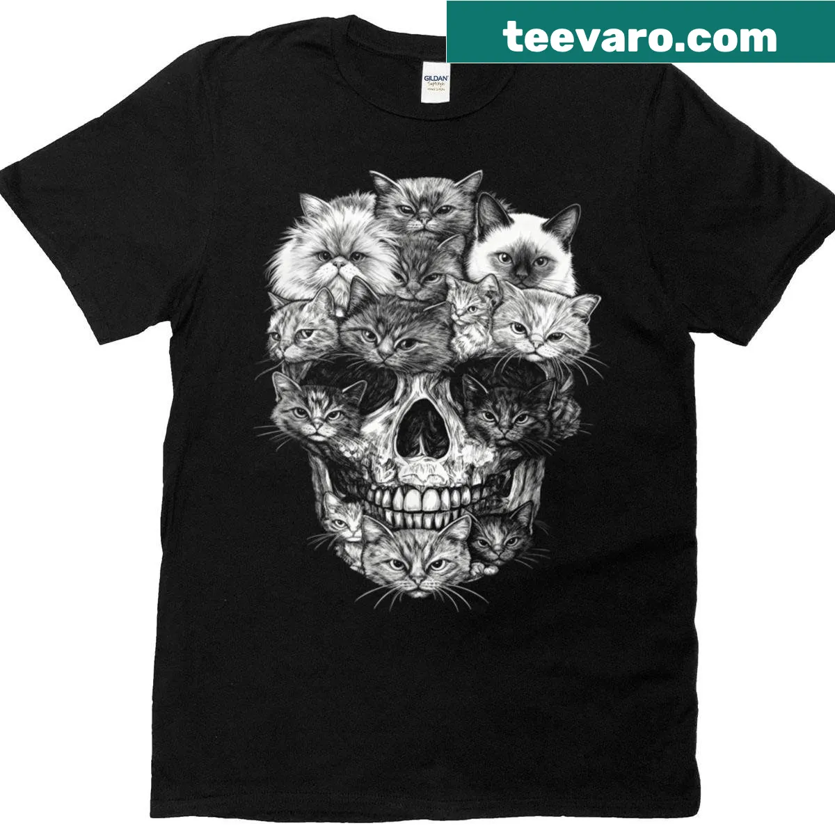 Cat skeleton design featured in a skull graphic on a T-shirt. — on a men's t-shirt