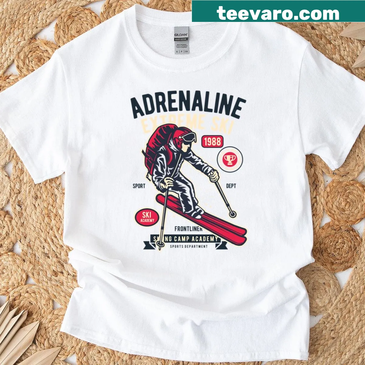 Bold oversized skiing t-shirt with adrenaline theme — on a men's t-shirt