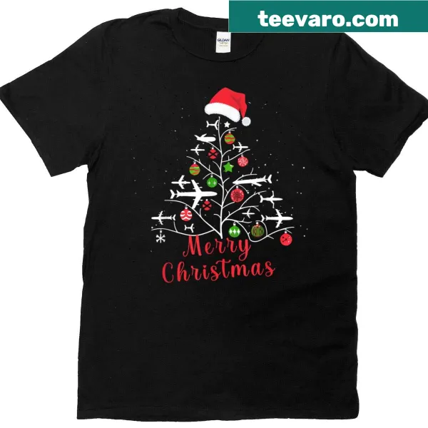 Christmas T-shirt with airplane and Christmas tree design