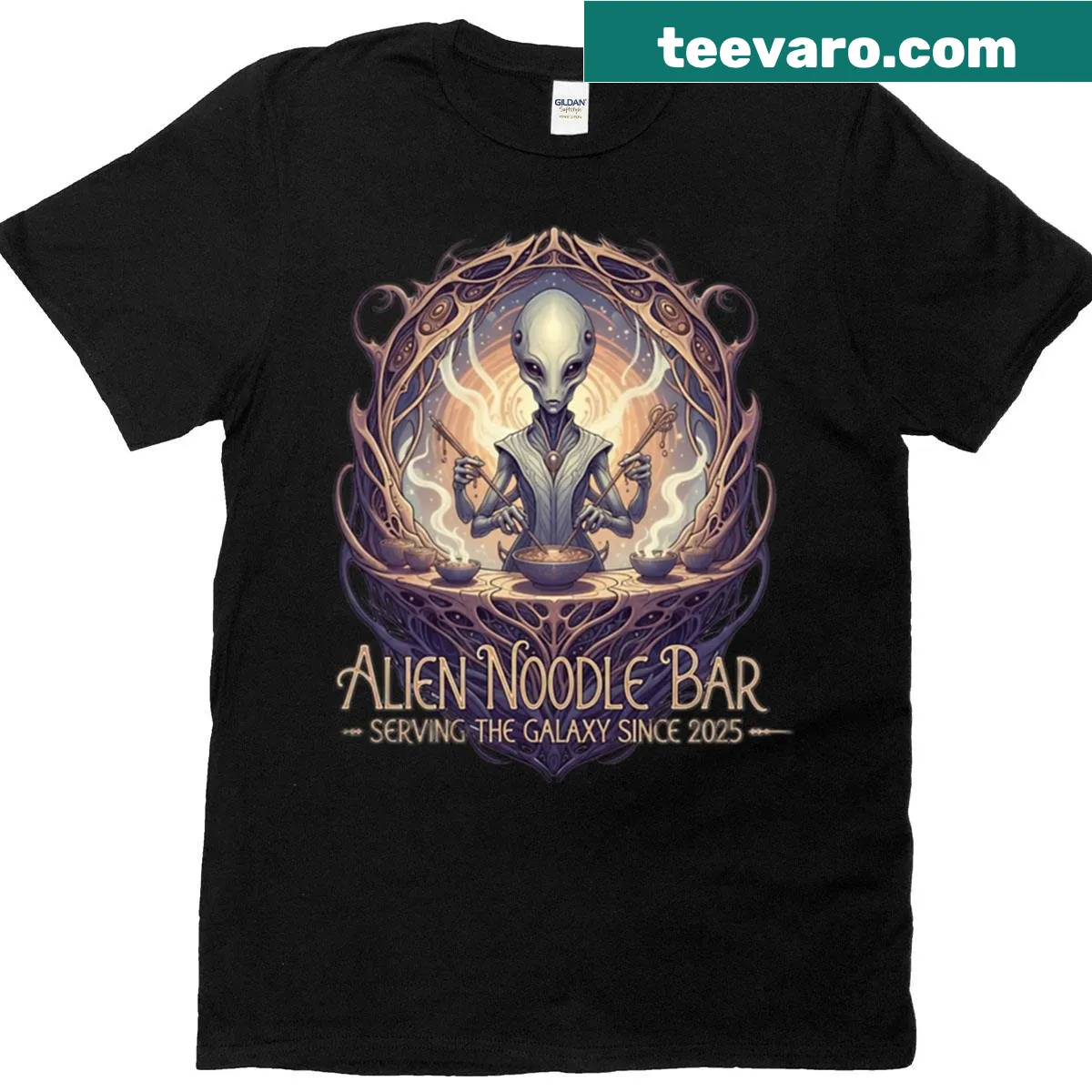 Retro alien noodle bar graphic T-shirt design. — on a men's t-shirt