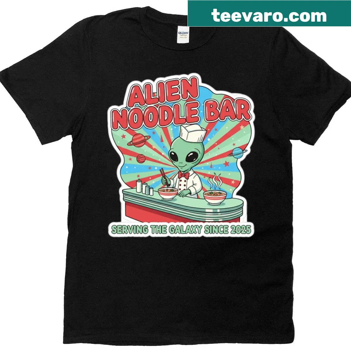 Vintage T-shirt featuring an alien noodle bar theme — on a men's t-shirt
