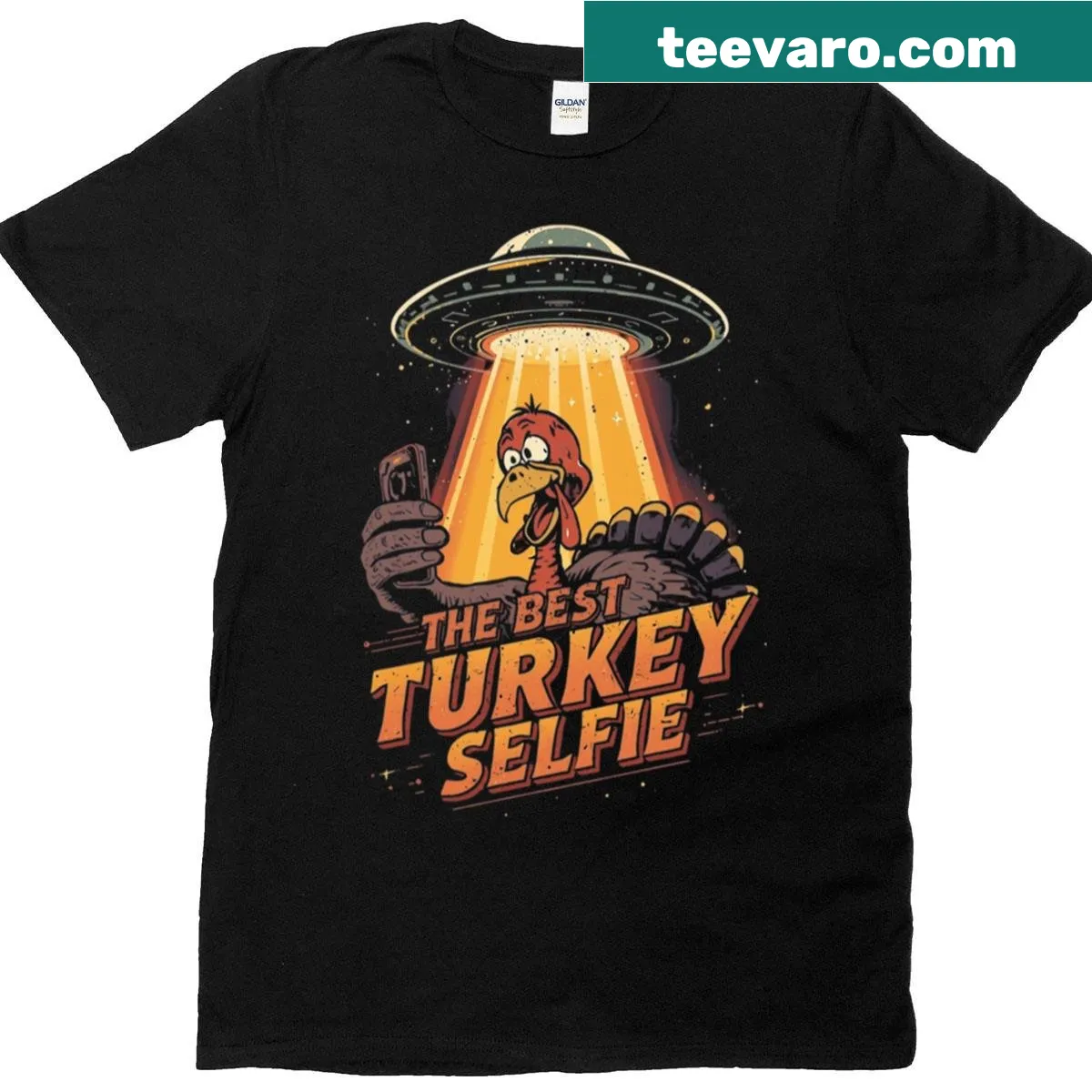 Cartoon Alien Turkey UFO selfie t-shirt for Thanksgiving humor. — on a men's t-shirt