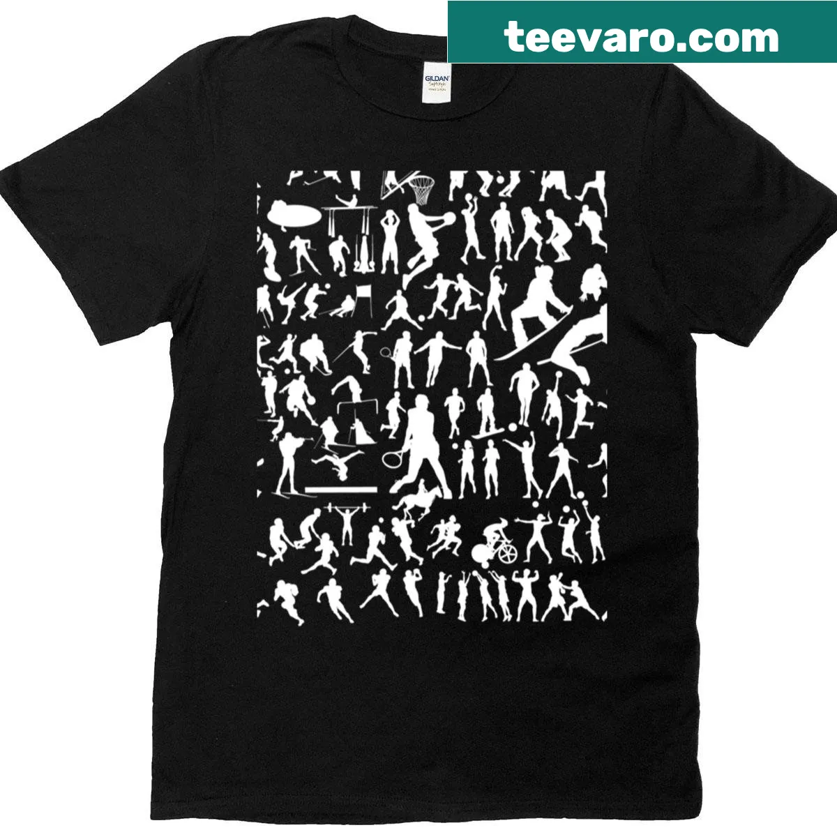 T-shirt with a playful pattern of various sports activities — on a men's t-shirt