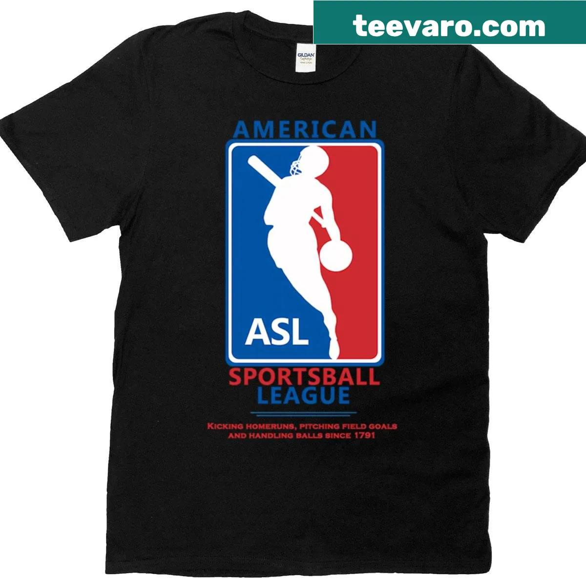 Playful American Sportsball League t-shirt with humorous graphics. — on a men's t-shirt