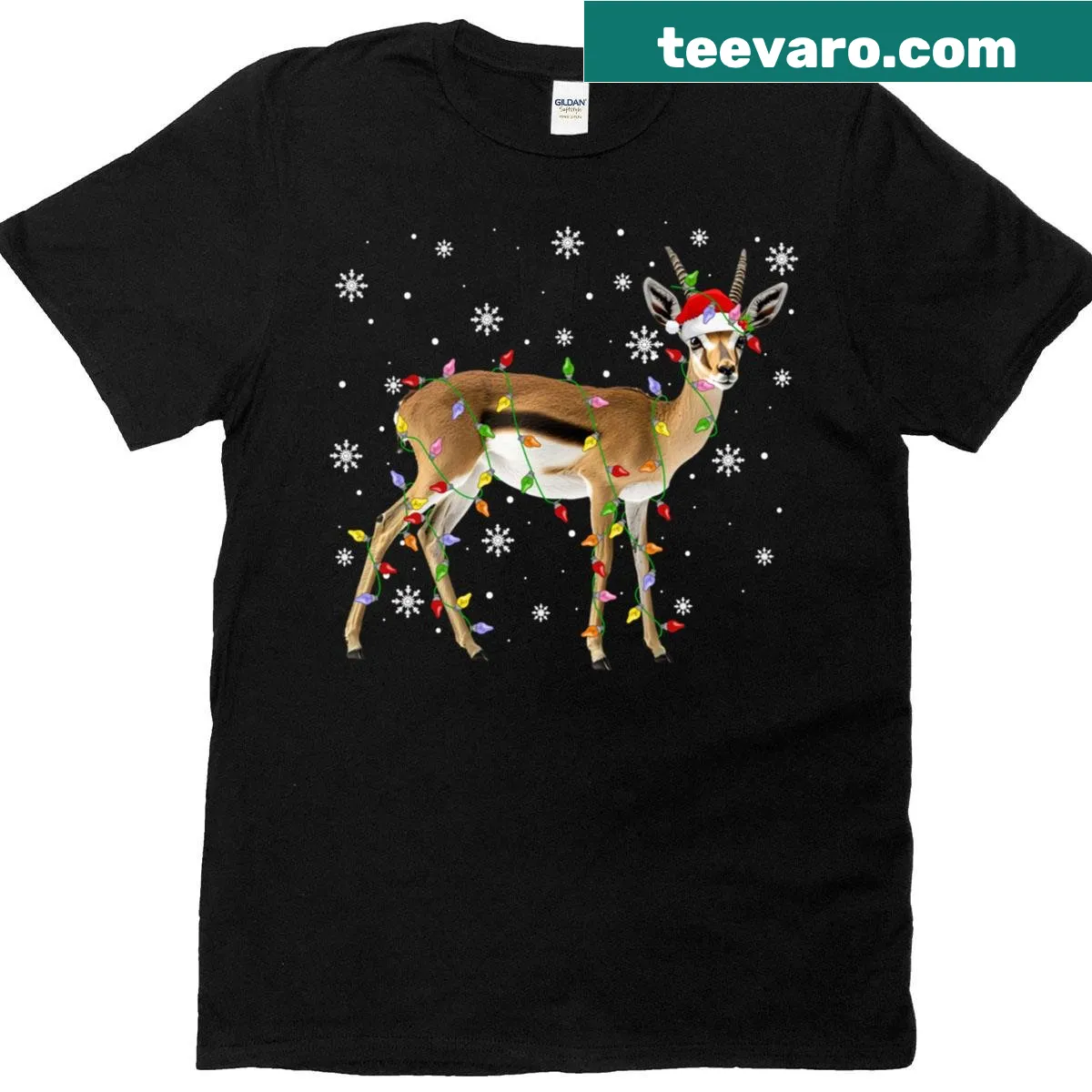 Funny cartoon antelope in Christmas lights for a holiday T-shirt — on a men's t-shirt