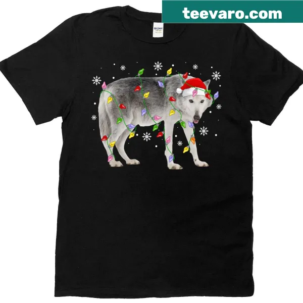 Funny Arctic wolf in Santa hat with Christmas lights T-shirt