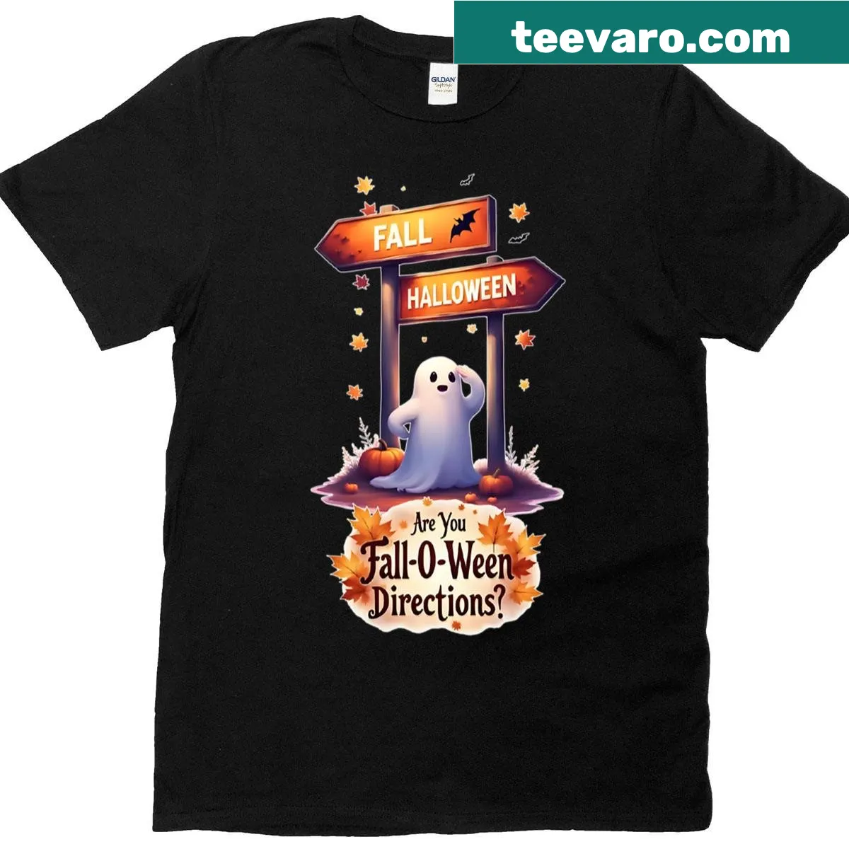 Storybook ghost Halloween t-shirt with Fall-o-ween directions — on a men's t-shirt
