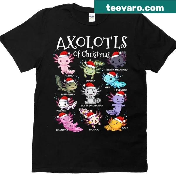 Cute axolotl in a Santa hat on a Christmas T-shirt