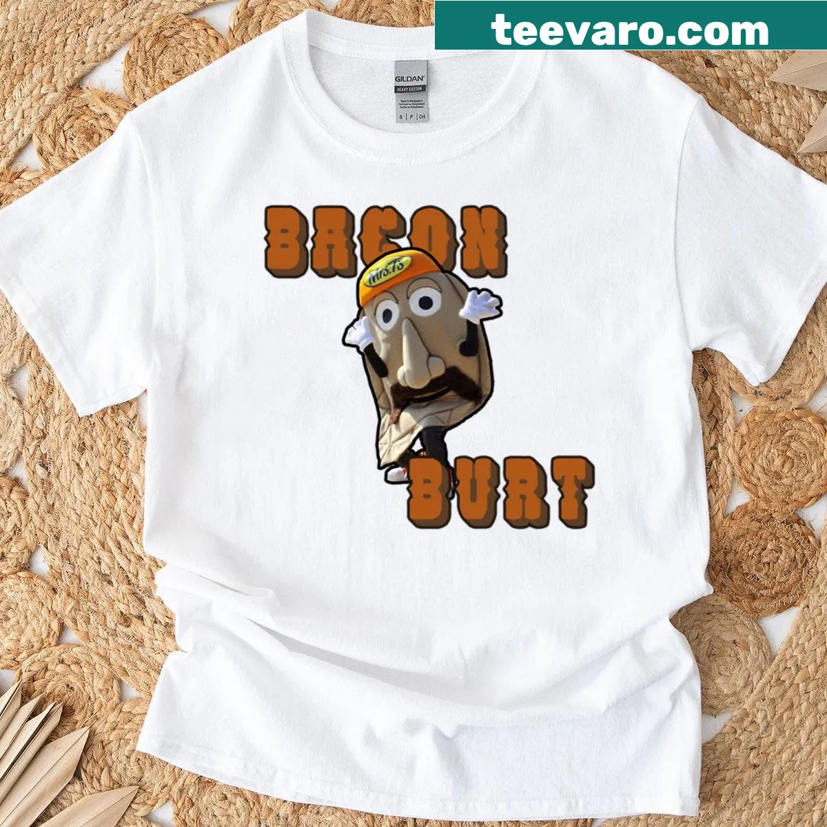 Cartoon character Bacon Burt with pierogie theme on oversized baseball t-shirt — on a men's t-shirt