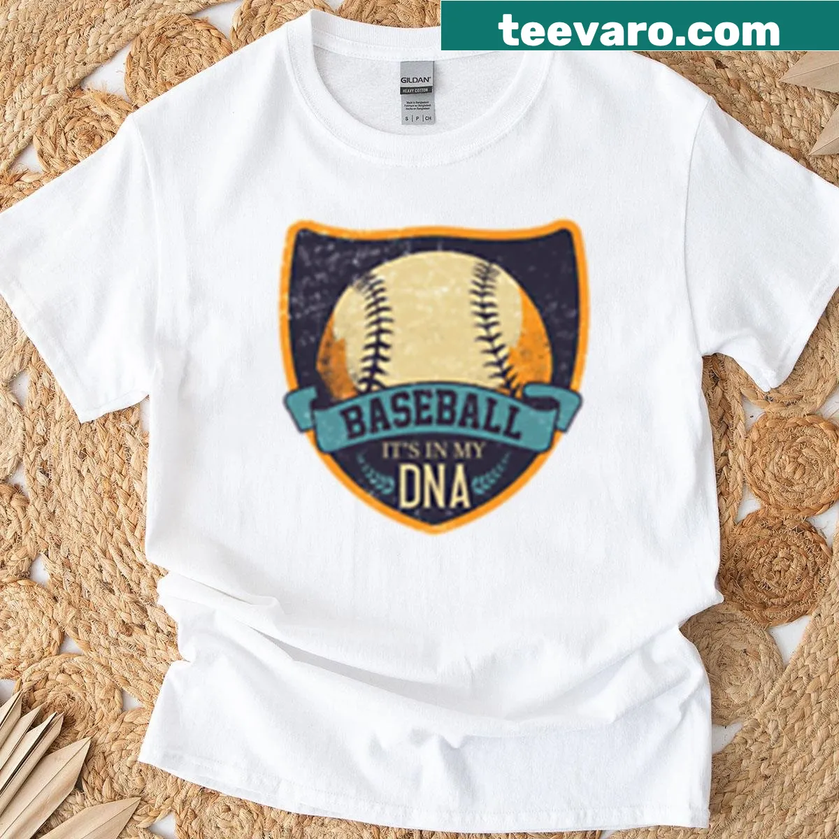 Oversized baseball-themed T-shirt with text saying baseball is in my DNA — on a men's t-shirt