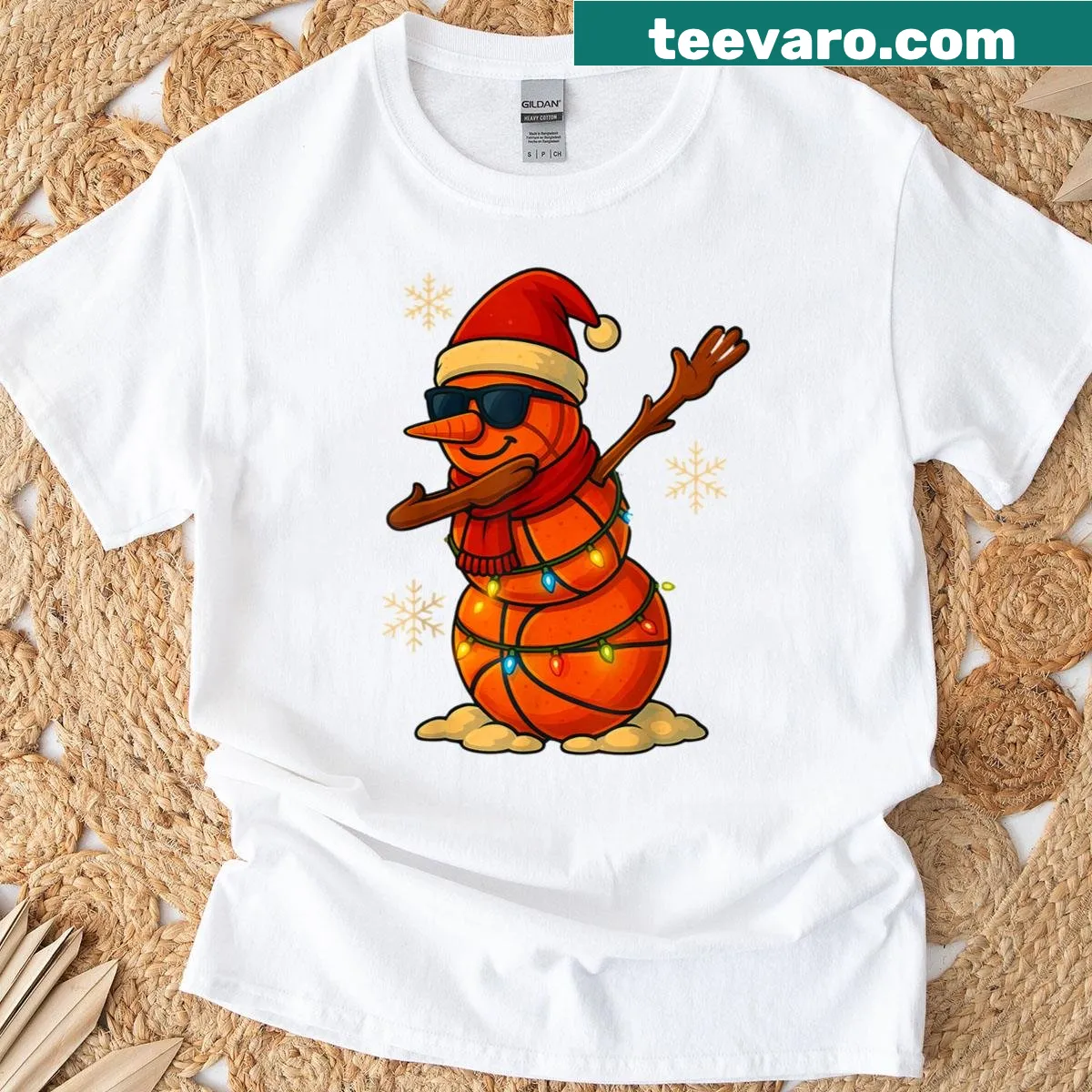 Christmas t-shirt with a dabbing snowman and Christmas lights — on a men's t-shirt