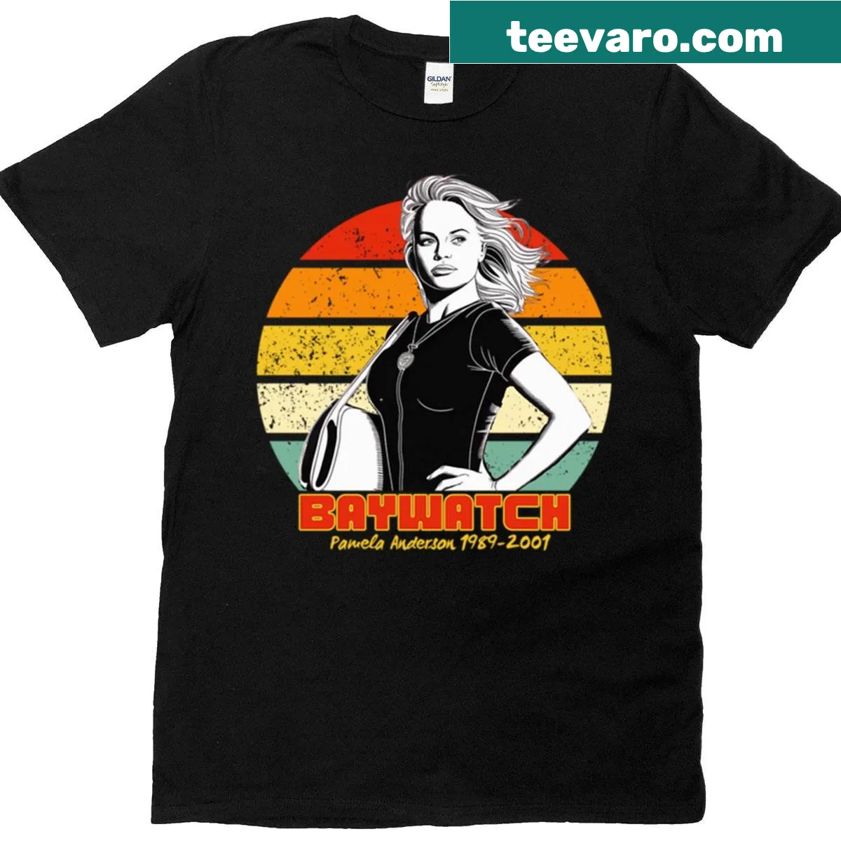 Vintage-inspired t-shirt featuring Pamela Anderson from Baywatch — on a men's t-shirt