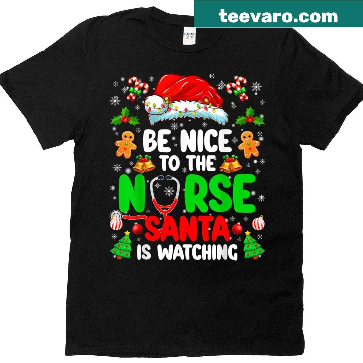 Funny Christmas nurse T-shirt with Santa is watching text — on a men's t-shirt