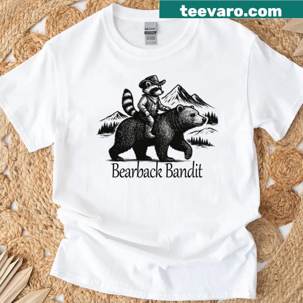Retro design of a raccoon riding a bear on a mountain T-shirt