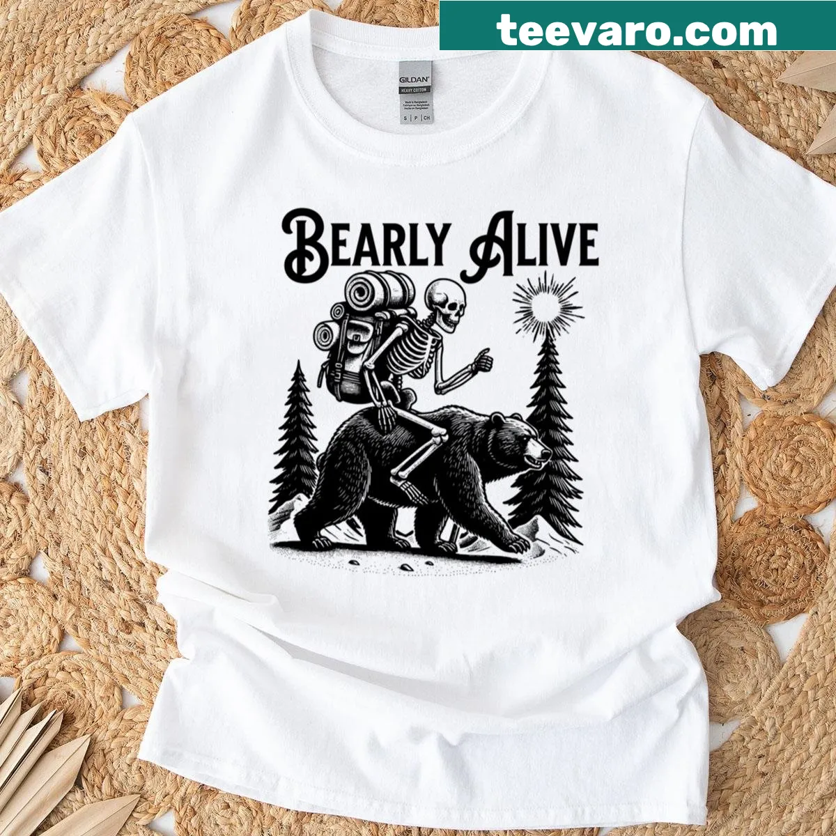 Funny adventure T-shirt with a skeleton riding a bear against a sunset — on a men's t-shirt